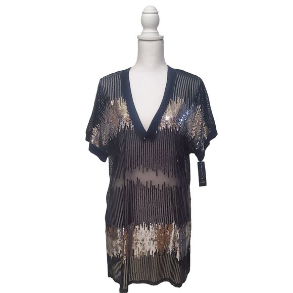 I.N.C International Concepts Women's Sequin V-Neck Pullover Sheer Top Size XL - Picture 2 of 12